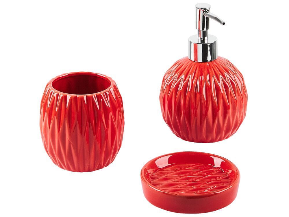 Beliani 3-dielna keramická súprava kúpeľňových doplnkov červená BELEM